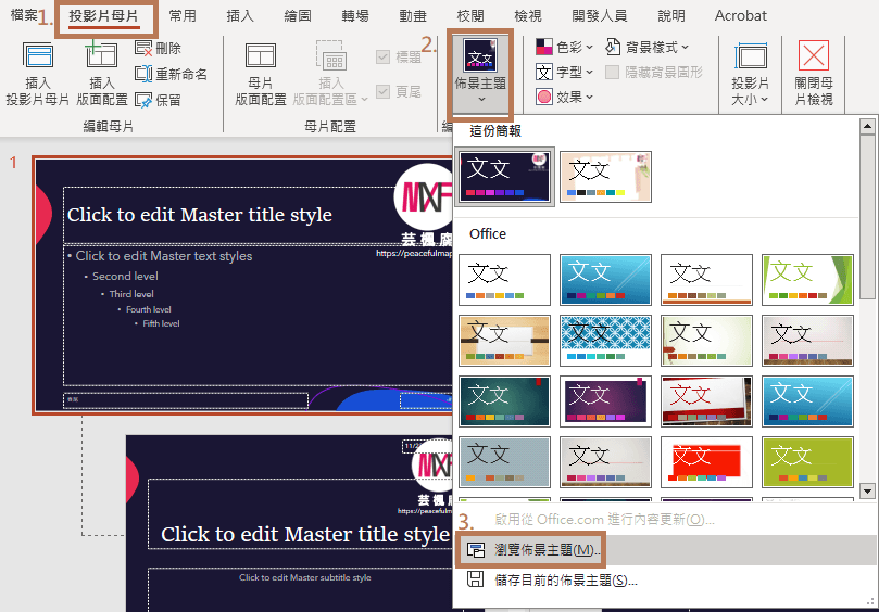 投影片母片可以透過佈景主題增加新的版面配置